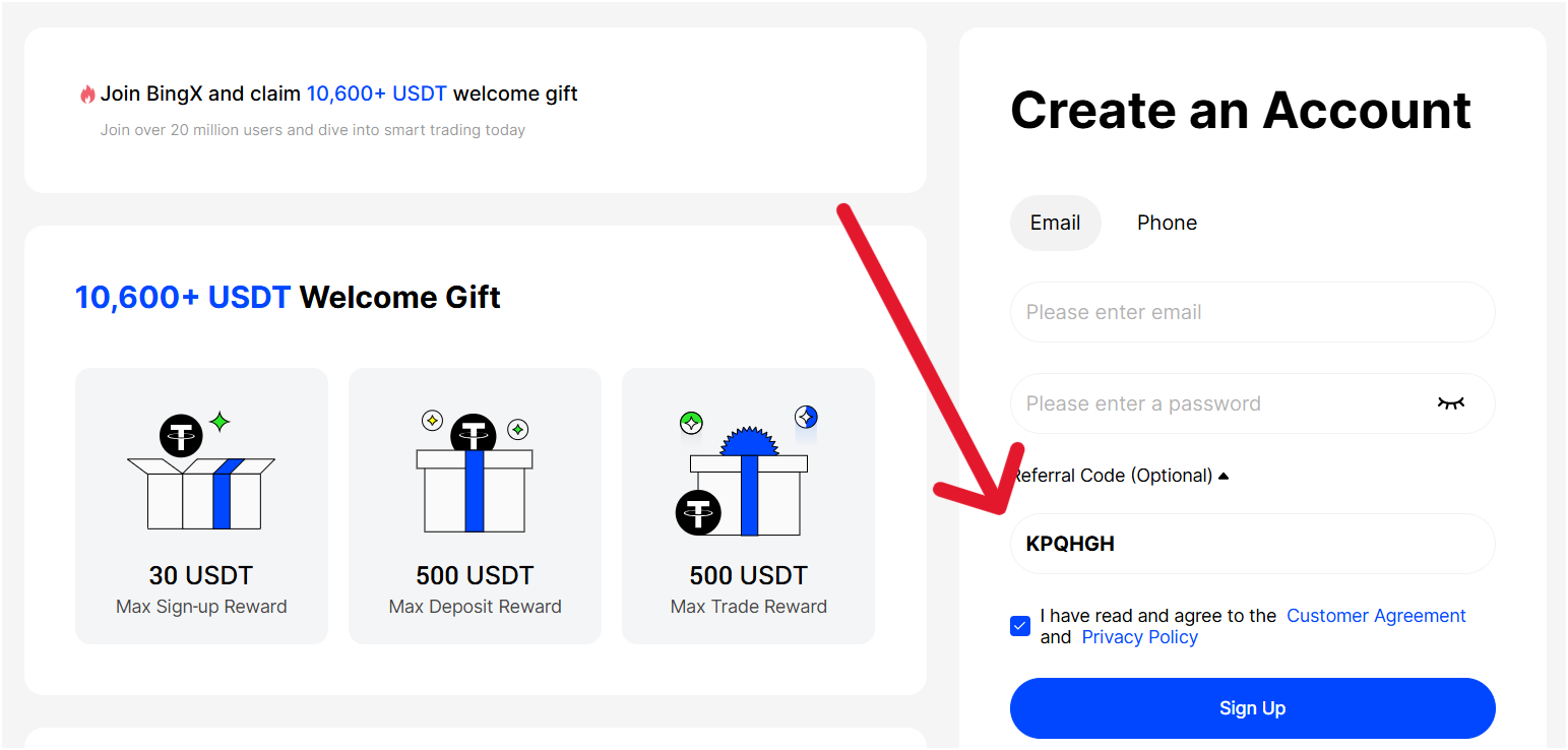 Create account using BingX referral code