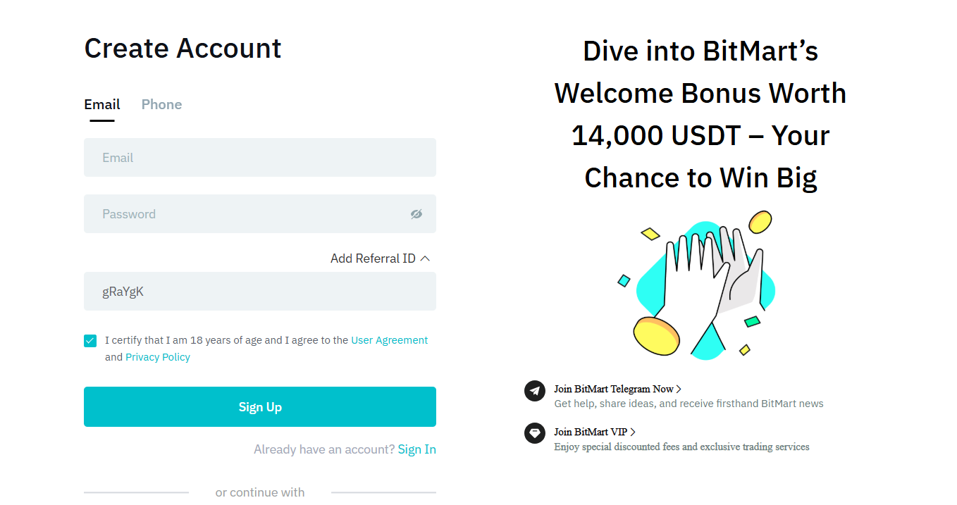 Enter BitMart invite code