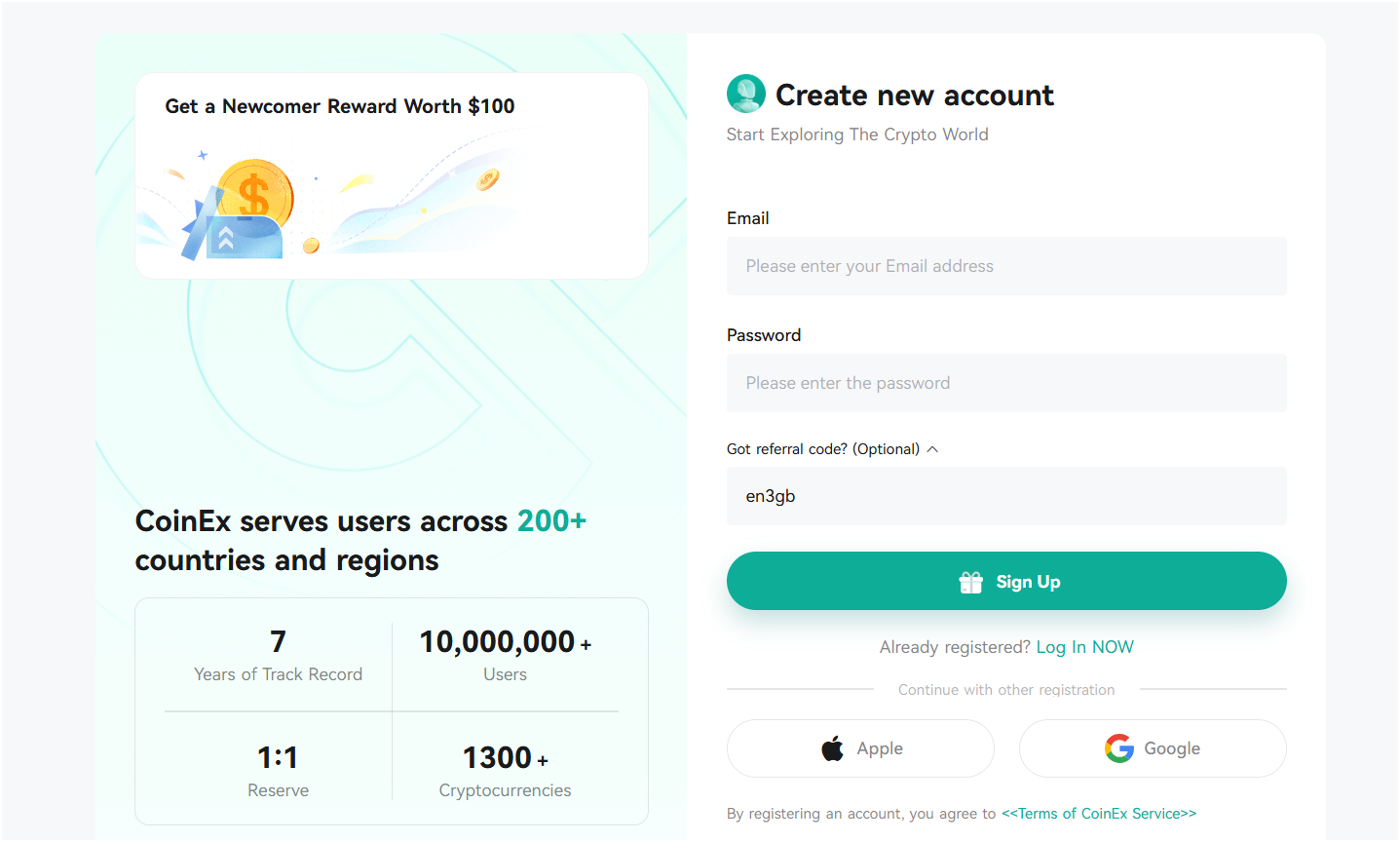 Enter coinex invite code